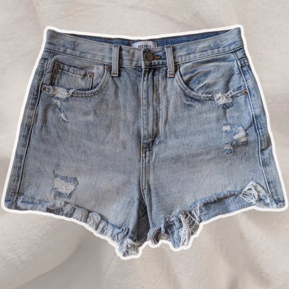 Pistola - Light Blue Jean Retro Faded Distressed Frayed Cut Off Denim Shorts